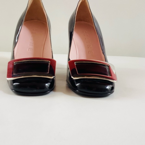 Celine Black Patent Leather Silver Plaque Square Toes Pumps SZ 6/36 - Picture 3 of 8